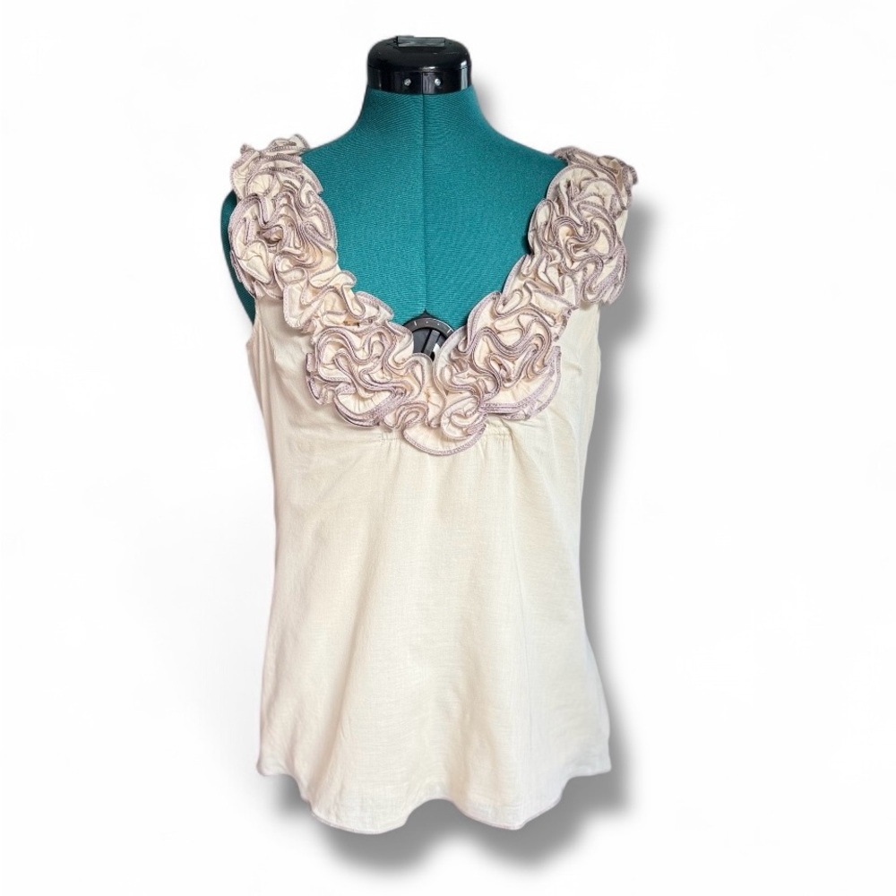 NWOT Anthropologie Cream Ruffled Fitted Blouse - Picture 3 of 10